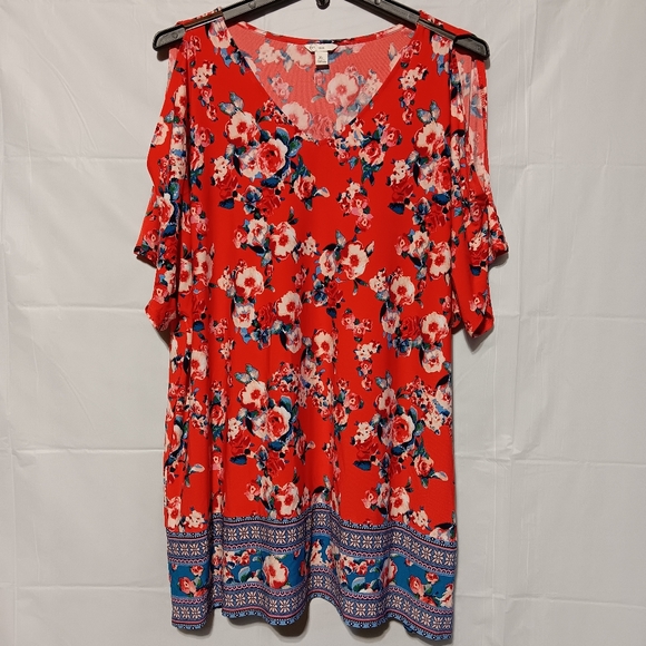 EST 1946 EUC Women's Cold Shoulder Tunic Top, Size XL,  Red Floral V-neck - Picture 1 of 9